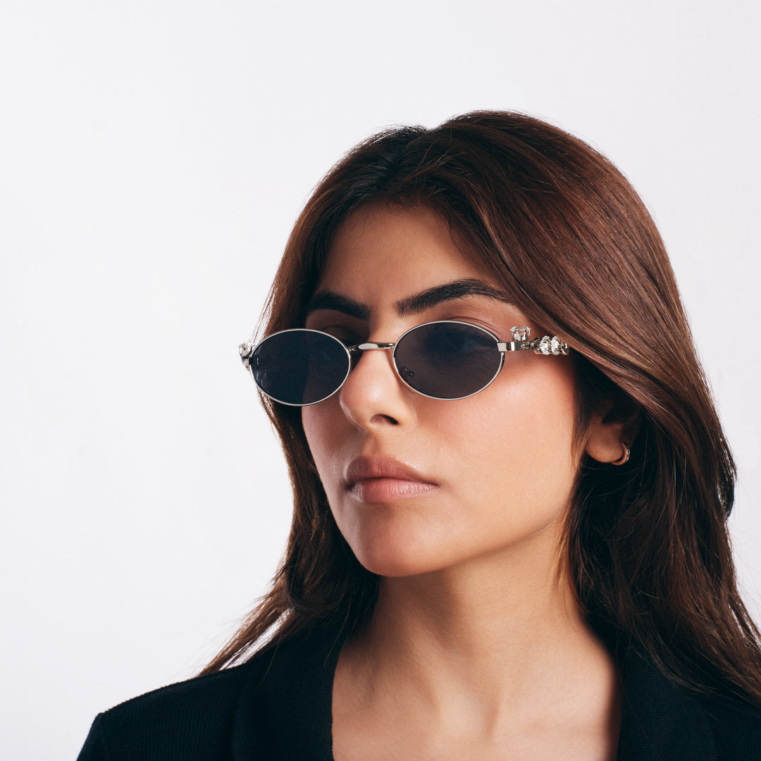 Glamour Oval Crystal Sunglasses - Silver