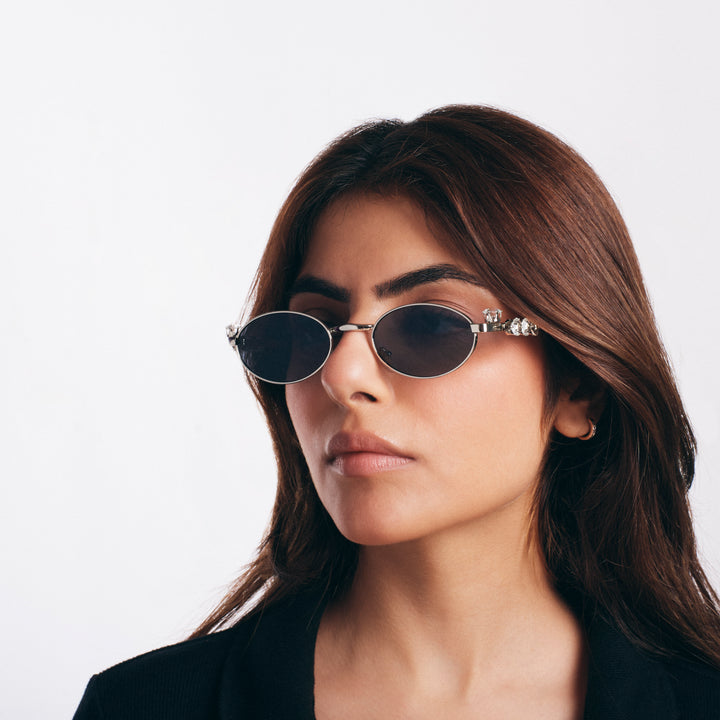 Glamour Oval Crystal Sunglasses - Silver