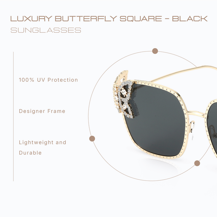 Luxury Butterfly Square Sunglasses For Women - Black