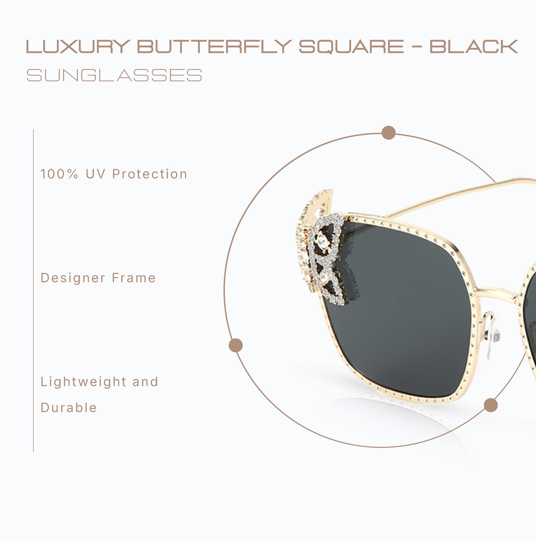 Luxury Butterfly Square Sunglasses For Women - Black
