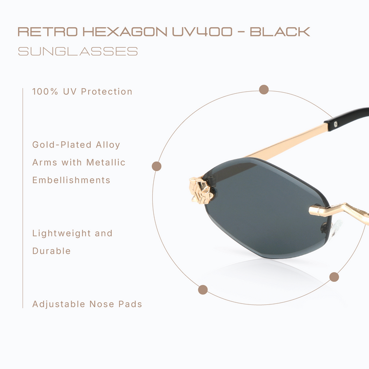 Retro Hexagon UV400 Protection Sunglasses - Black