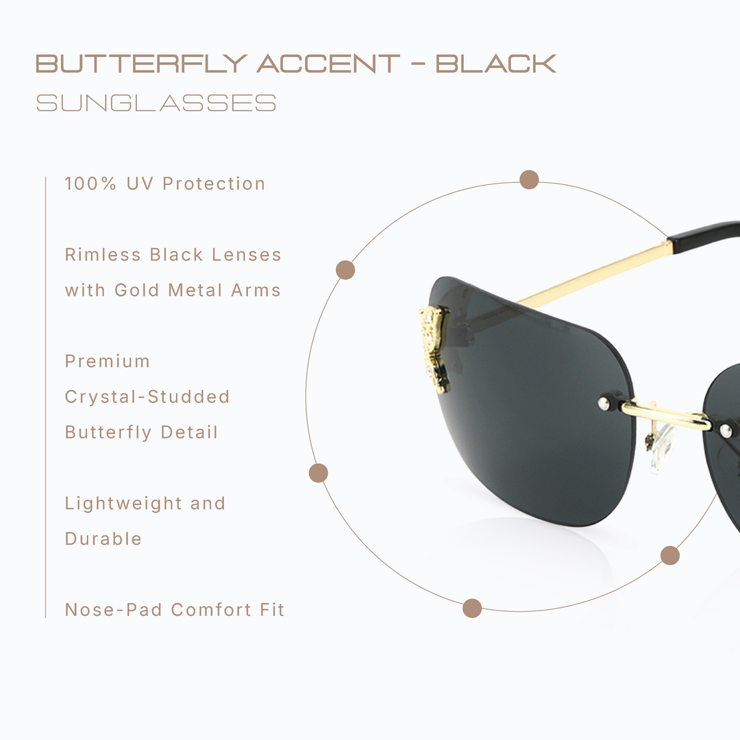Butterfly Accent UV400 Protection Rimless Sunglasses - Black