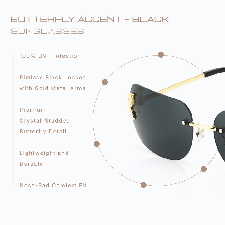 Butterfly Accent UV400 Protection Rimless Sunglasses - Black
