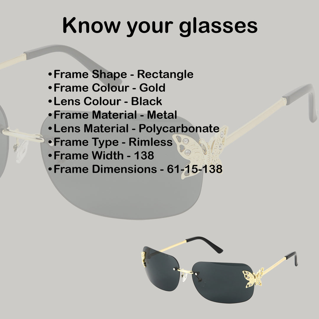 Butterfly Accent UV400 Protection Rimless Sunglasses - Black