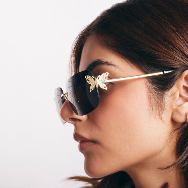 Butterfly Accent UV400 Protection Rimless Sunglasses - Black