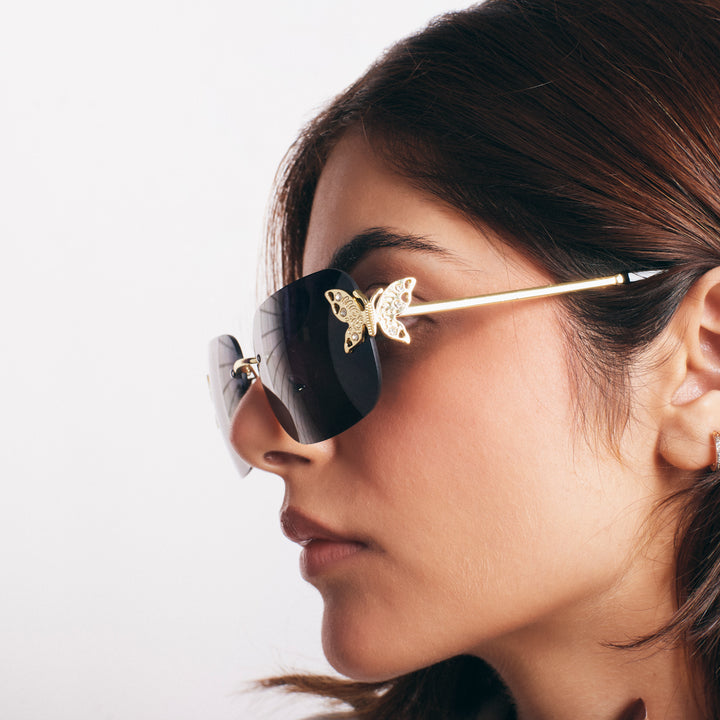 Butterfly Accent UV400 Protection Rimless Sunglasses - Black