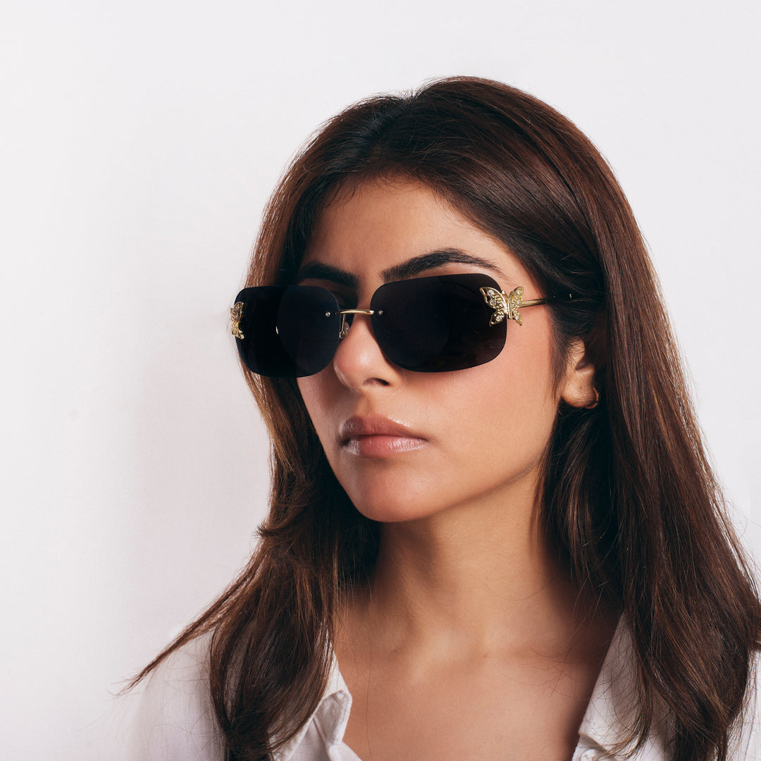 Butterfly Accent UV400 Protection Rimless Sunglasses - Black