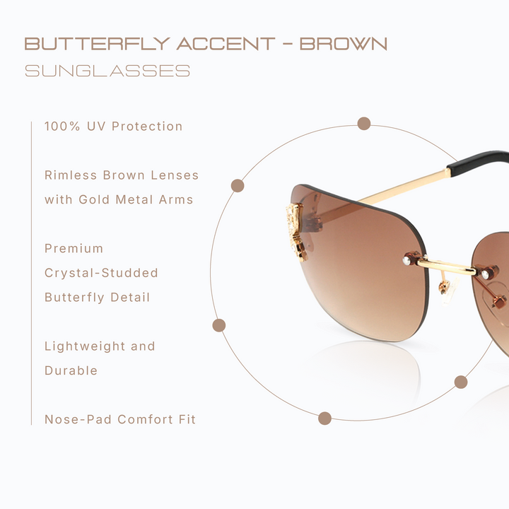 Butterfly Accent UV400 Protection Rimless Sunglasses - Brown