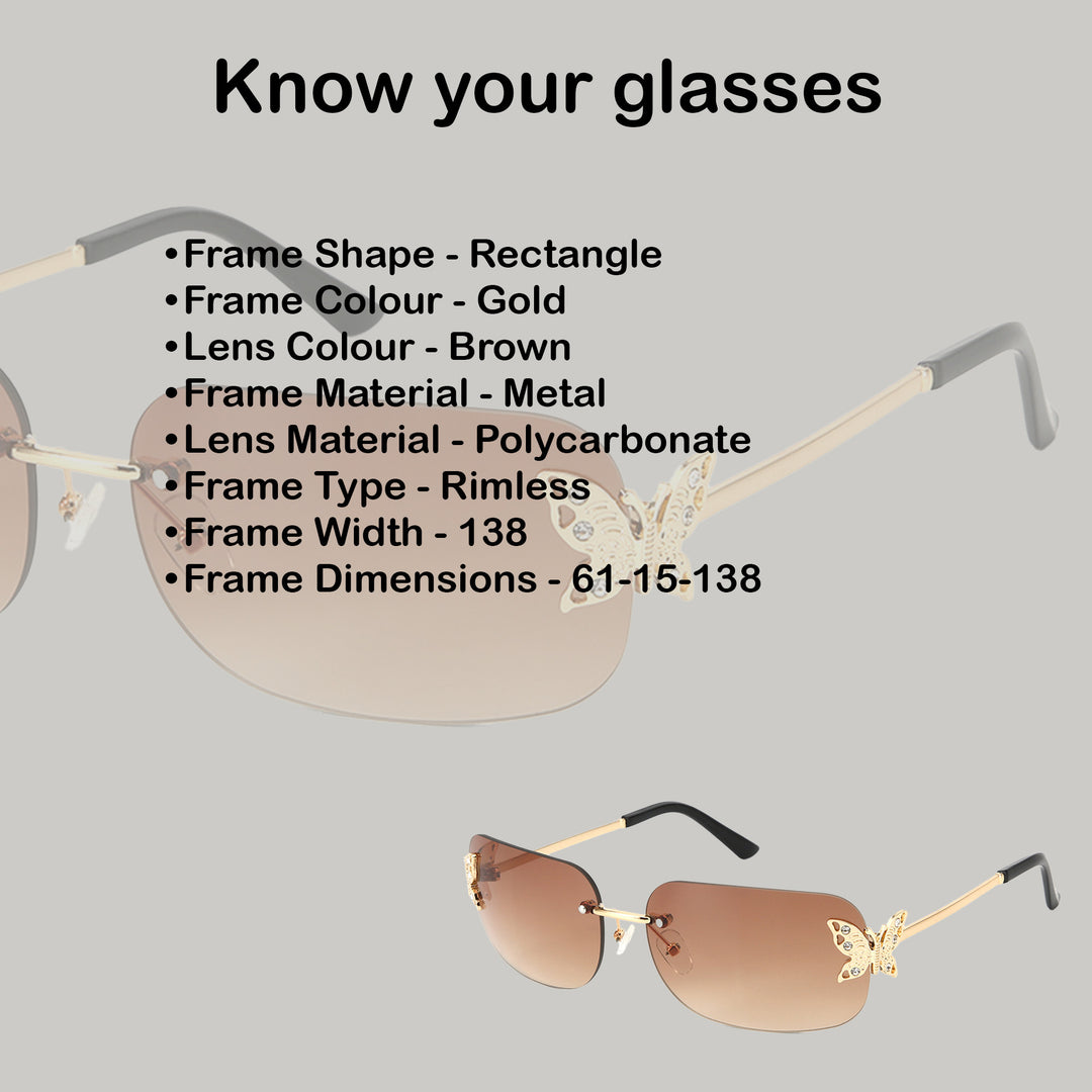 Butterfly Accent UV400 Protection Rimless Sunglasses - Brown