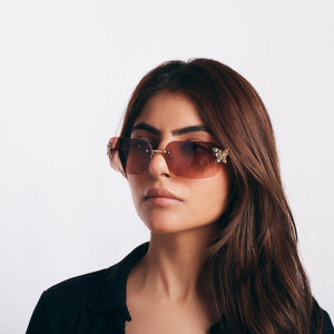 Butterfly Accent UV400 Protection Rimless Sunglasses - Brown