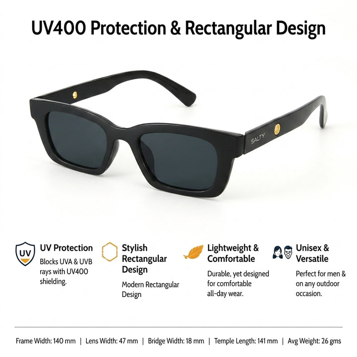Statement Rectangular Black UV Protection Sunglasses