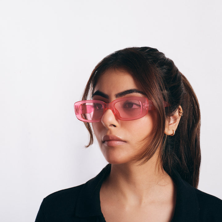 Rihanna Inspired Transparent Pink Rectangular Sunglasses