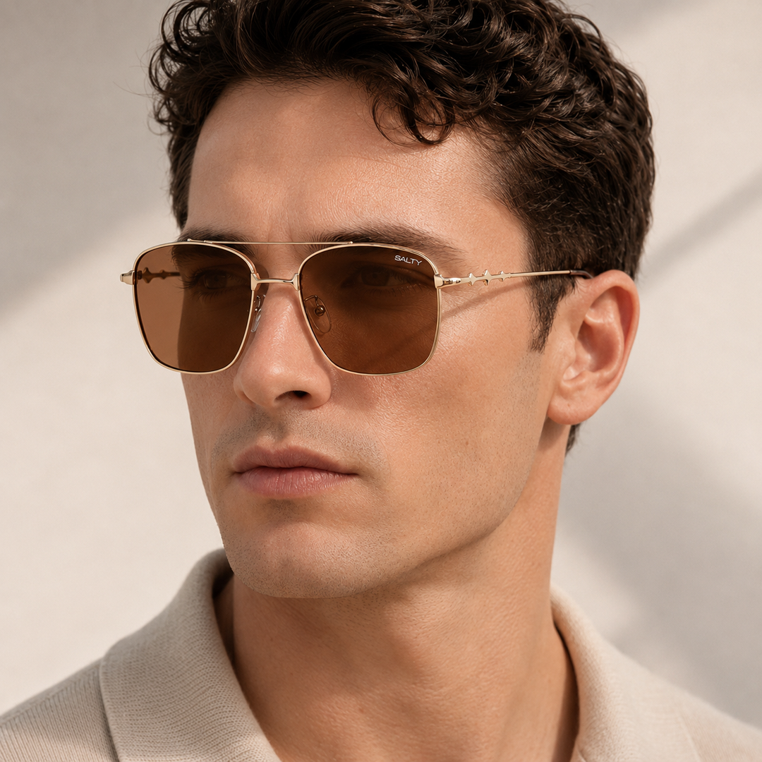 Vision Rectangle Sunglasses For Men- (Gold-Brown)