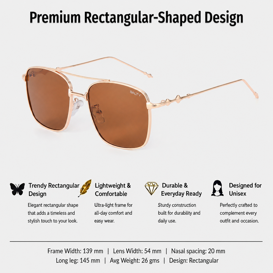 Vision Rectangle Sunglasses For Men- (Gold-Brown) | Salty