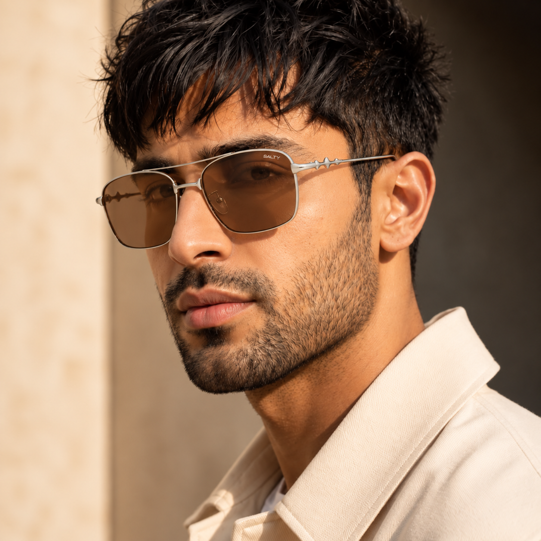 Vision Rectangle Sunglasses For Men - (Silver-Brown)