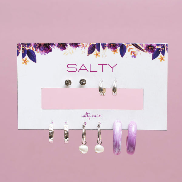 Set Of 5 Lavender Luxe Silver Earrings