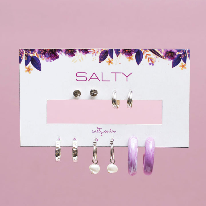 Set Of 5 Lavender Luxe Silver Earrings