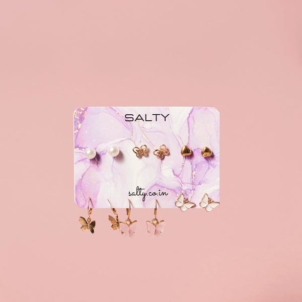 Set of 6 Butterfly Drop Earrings and Studs
