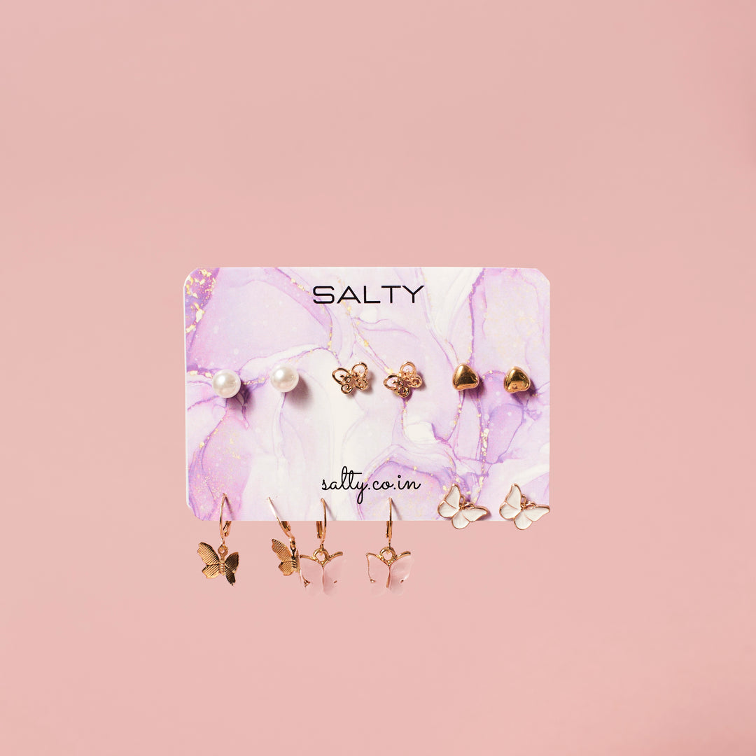 Set of 6 Butterfly Drop Earrings and Studs Salty