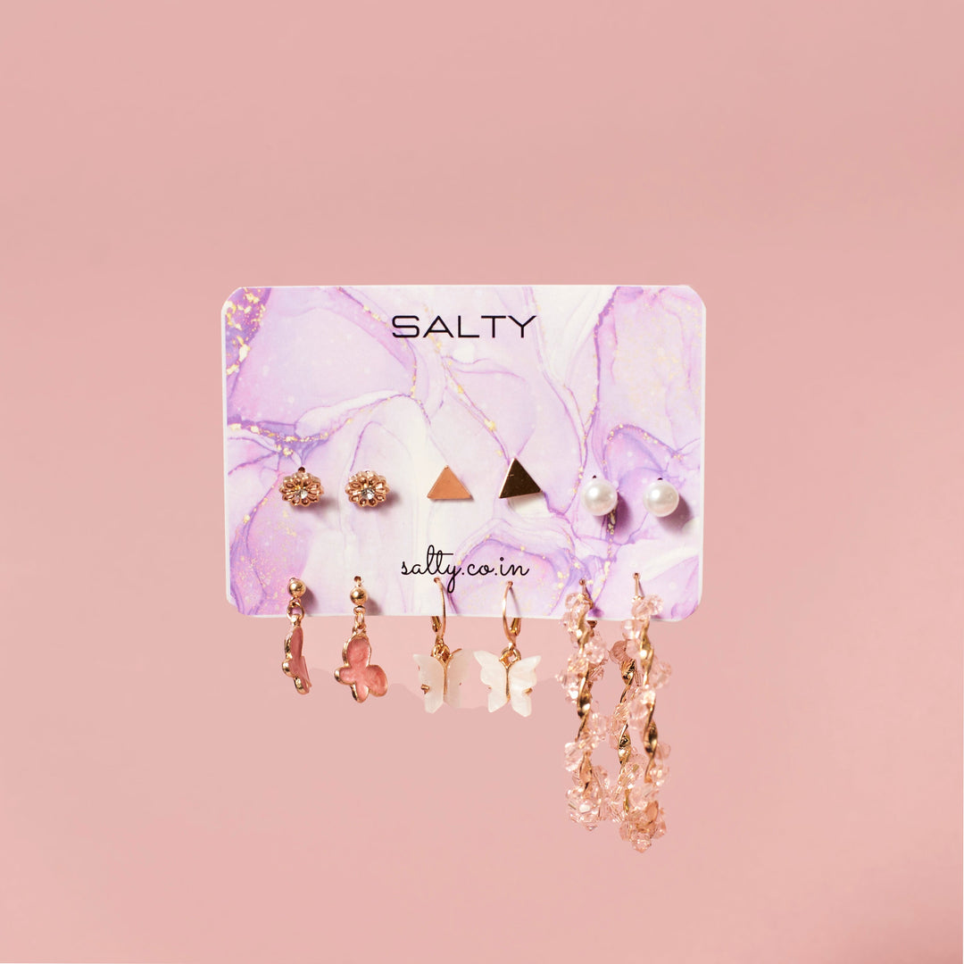 Set of 6 Pink Hoops and Butterfly Earrings and Studs - Salty Accessories