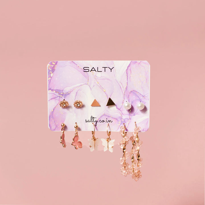 Set of 6 Pink Hoops and Butterfly Earrings and Studs - Salty Accessories