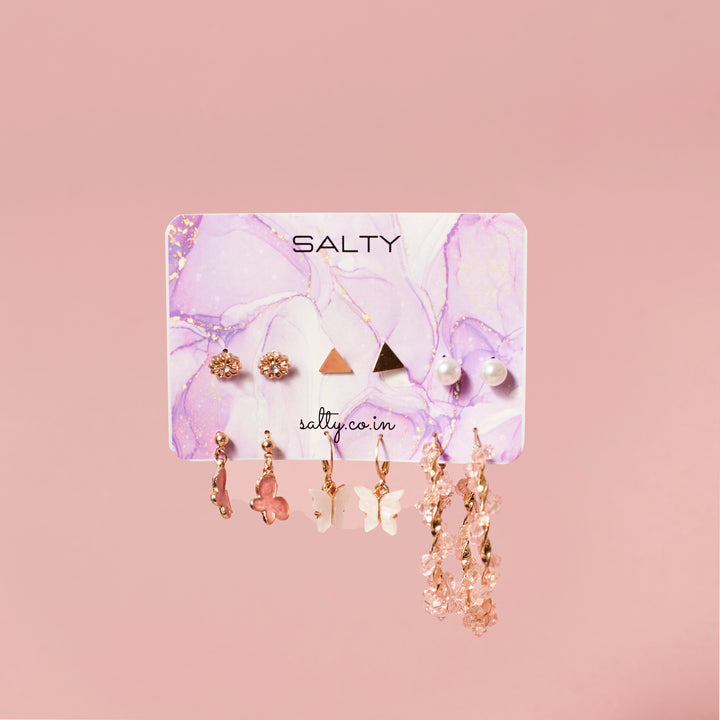 Set of 6 Pink Hoops and Butterfly Earrings and Studs Salty