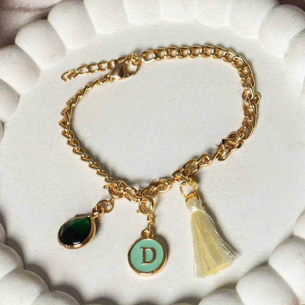Salty Personalised Charm Bracelet With Green Alphabet , Tassel and Gemstone