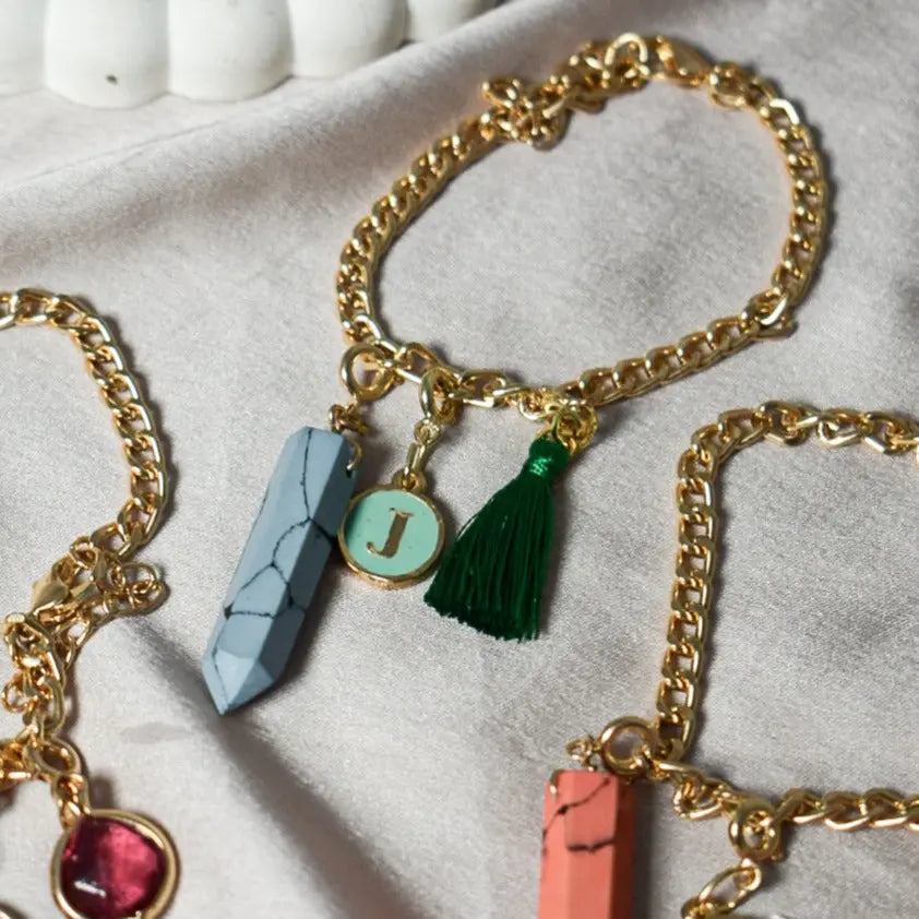 Salty Personalised Charm Bracelet With Green Alphabet , Tassel and Manifestation Stone | Salty