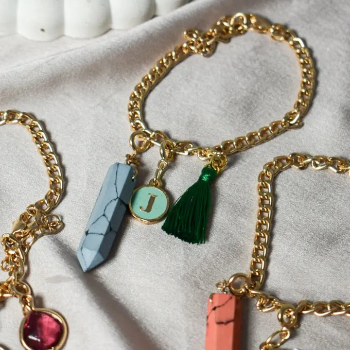 Salty Personalised Charm Bracelet With Green Alphabet , Tassel and Manifestation Stone | Salty