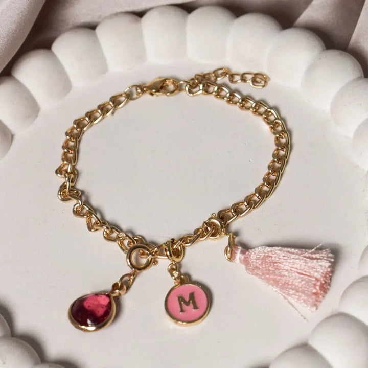 Salty Personalised Charm Bracelet With Pink Alphabet , Tassel and Gemstone | Salty