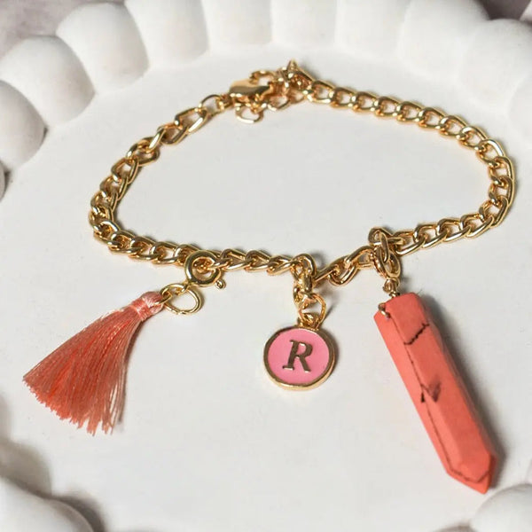 Salty Personalised Charm Bracelet With Pink Alphabet , Tassel and Manifestation Stone