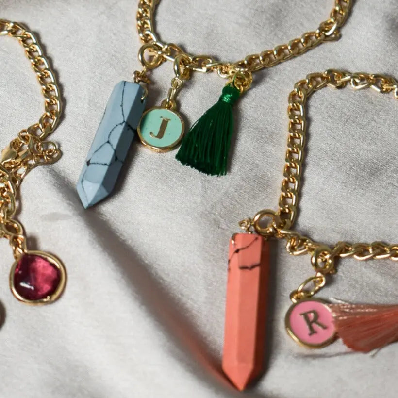 Salty Personalised Charm Bracelet With Pink Alphabet , Tassel and Manifestation Stone | Salty
