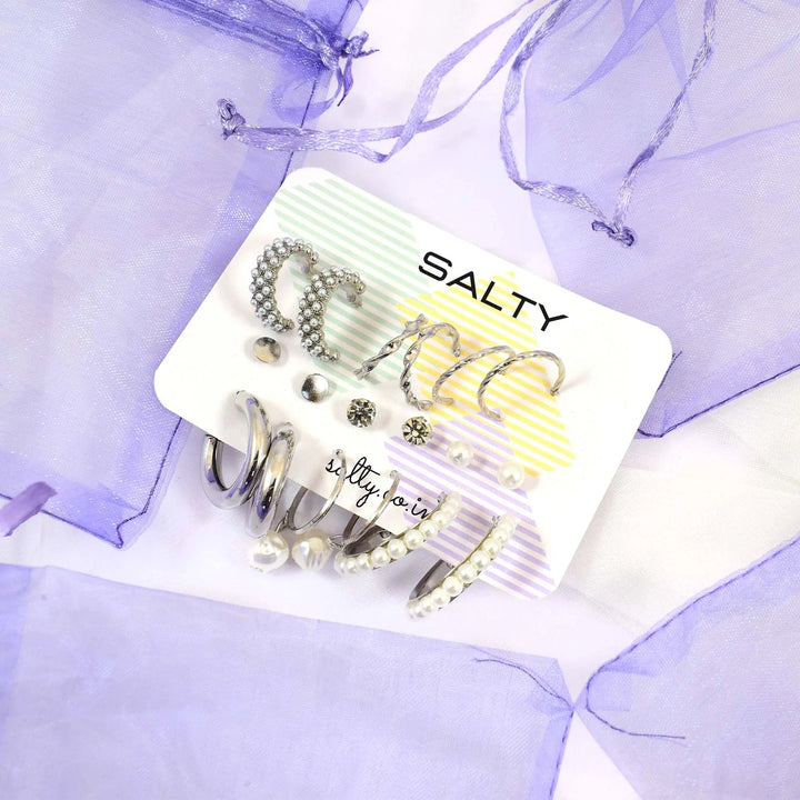 Set of 9 Silver Chunky Real Freshwater Pearl Hoops and Studs - Salty Accessories