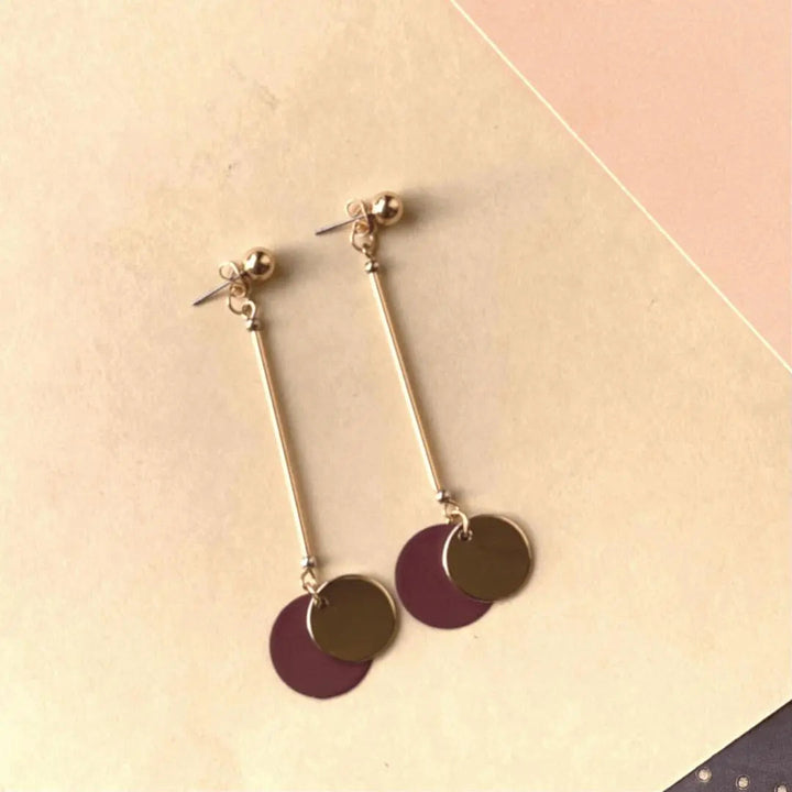 Burgundy Gold Long Drop Earrings