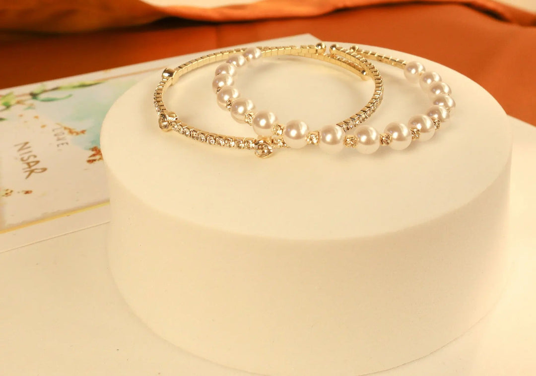 Set of 2 pearls and zircon bracelet- Golden - Salty Accessories