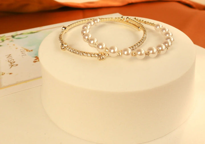 Set of 2 pearls and zircon bracelet- Golden - Salty Accessories