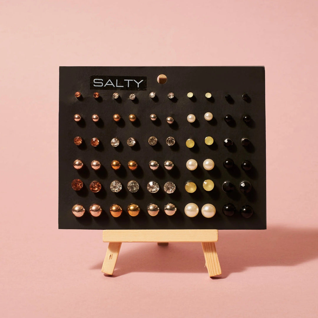 Set of 30 Everyday Office Pearl and Crystal Stud Earrings | Salty