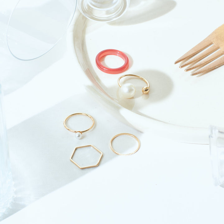 Set Of 5 Cherry Pearl Rings