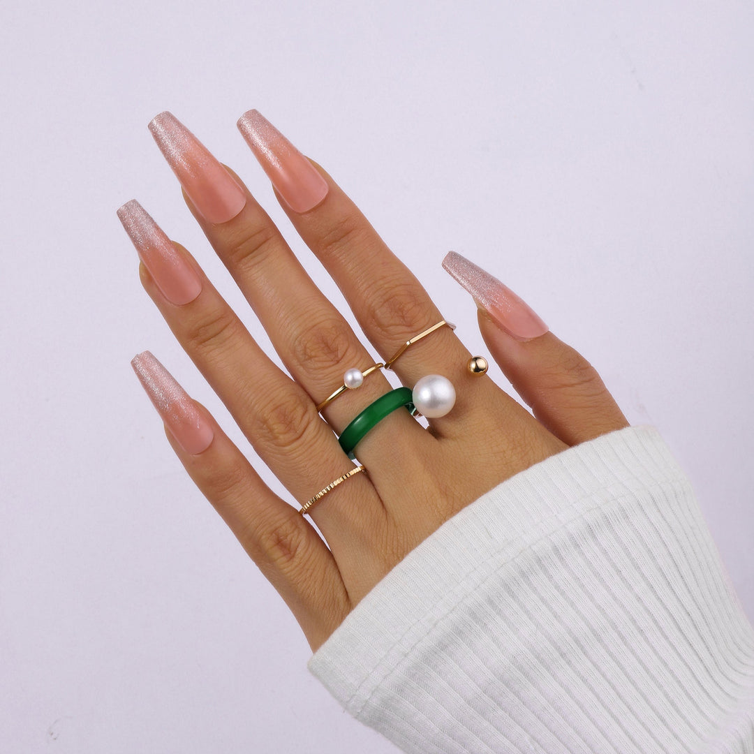 Set Of 5 Emerald Pearl Rings