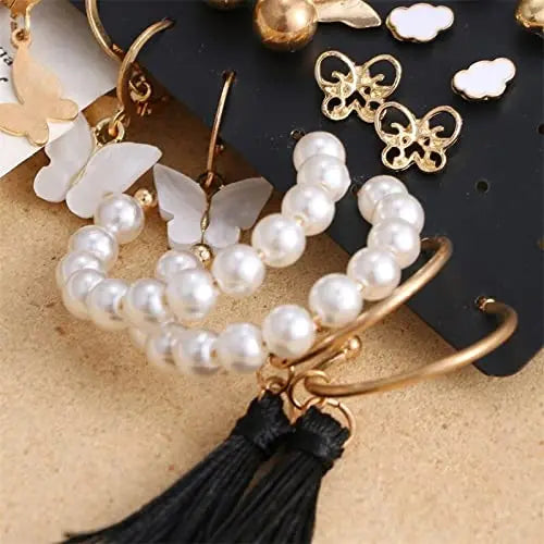 Set of 17 Bohemian Long Tassel Drop Statement Earrings and Studs - Salty Accessories