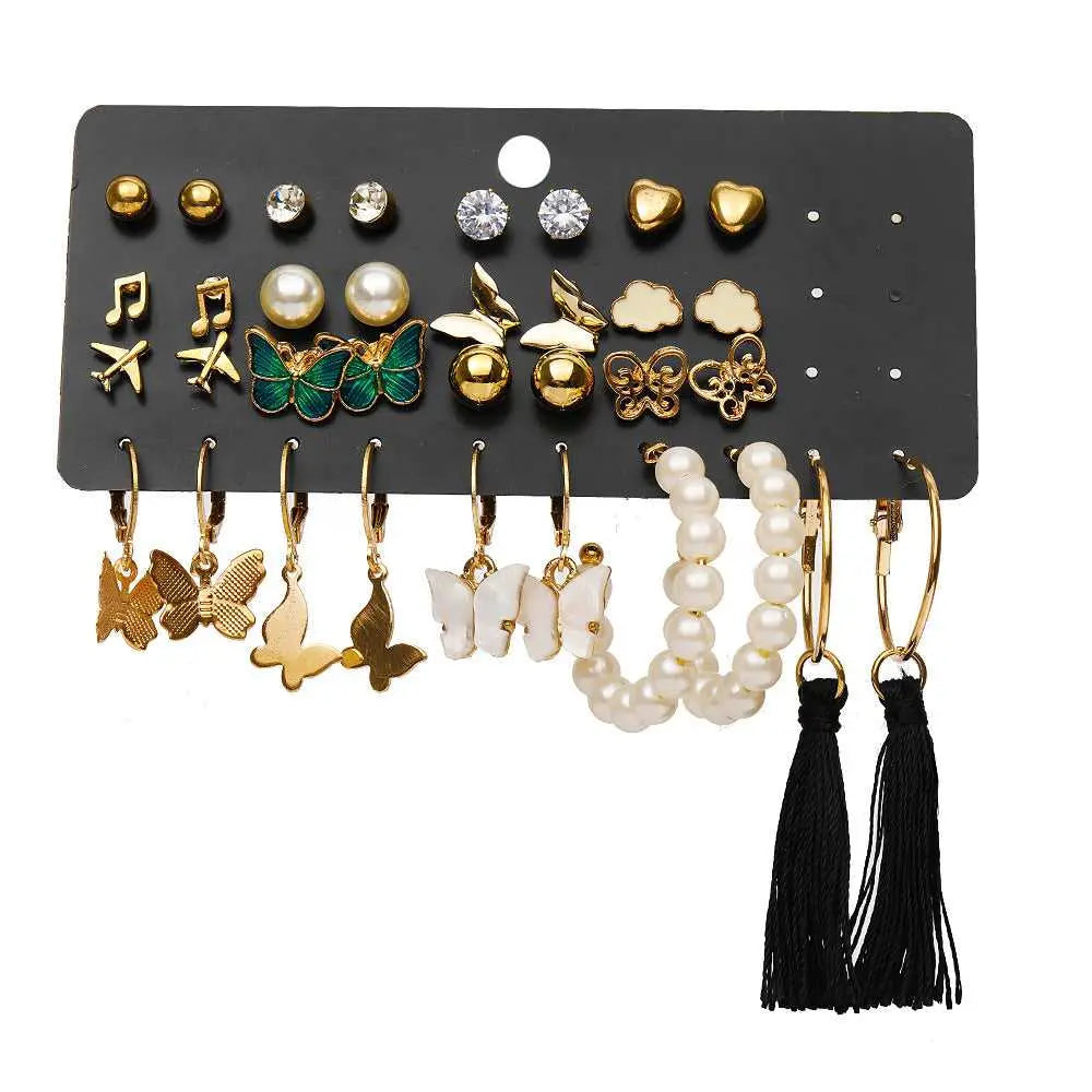 Set of 17 Bohemian Long Tassel Drop Statement Earrings and Studs - Salty Accessories