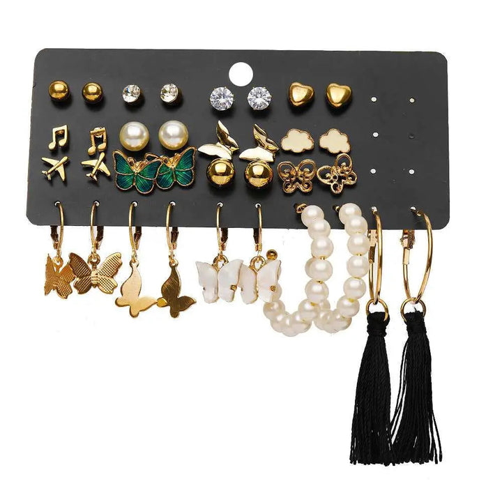 Set of 17 Bohemian Long Tassel Drop Statement Earrings and Studs - Salty Accessories