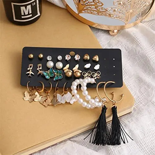 Set of 17 Bohemian Long Tassel Drop Statement Earrings and Studs - Salty Accessories