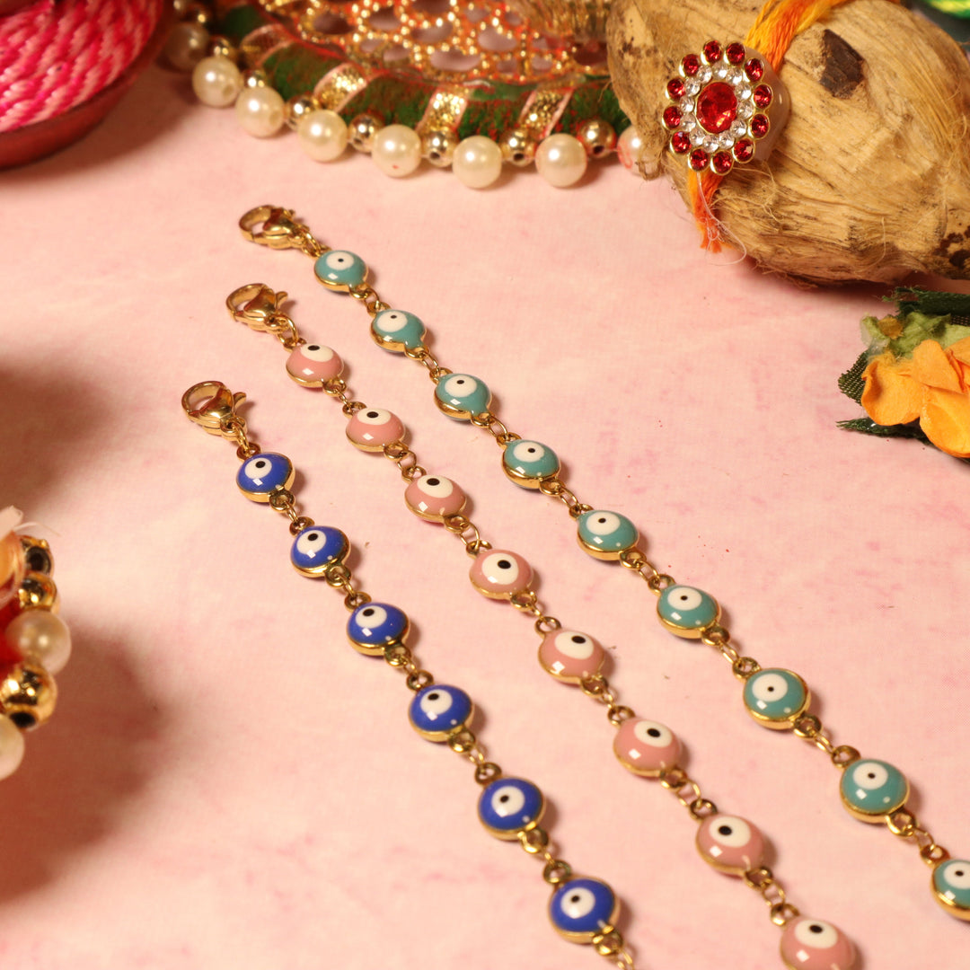 Set of 3 Multi Coloured Evil Eye Rakhi For Siblings - Salty Accessories