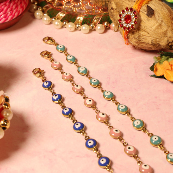 Set of 3 Multi Coloured Evil Eye Rakhi For Siblings - Salty Accessories