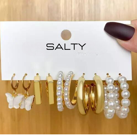 Set of 5 Pearl Minimal Hoop Set Salty