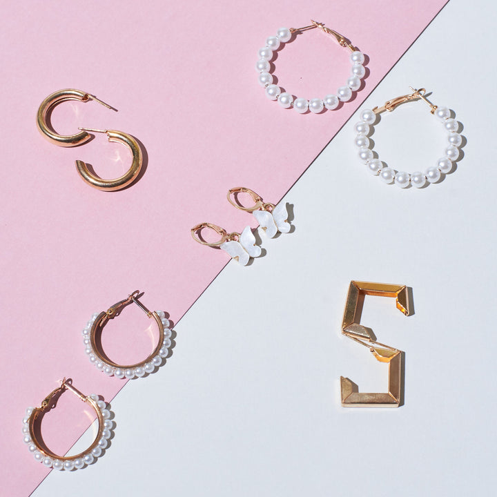 Set of 5 Pearl Minimal Hoop Set - Salty Accessories