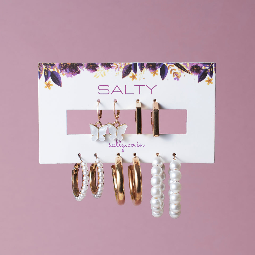 Set of 5 Pearl Minimal Hoop Set Salty