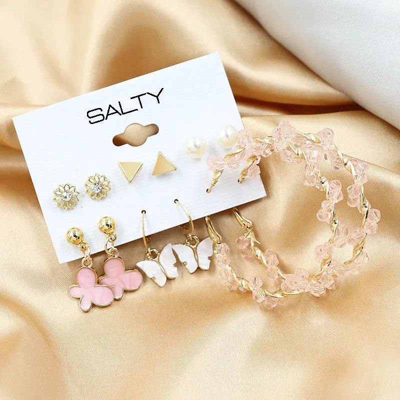 Set of 6 Pink Hoops and Butterfly Earrings and Studs - Salty Accessories