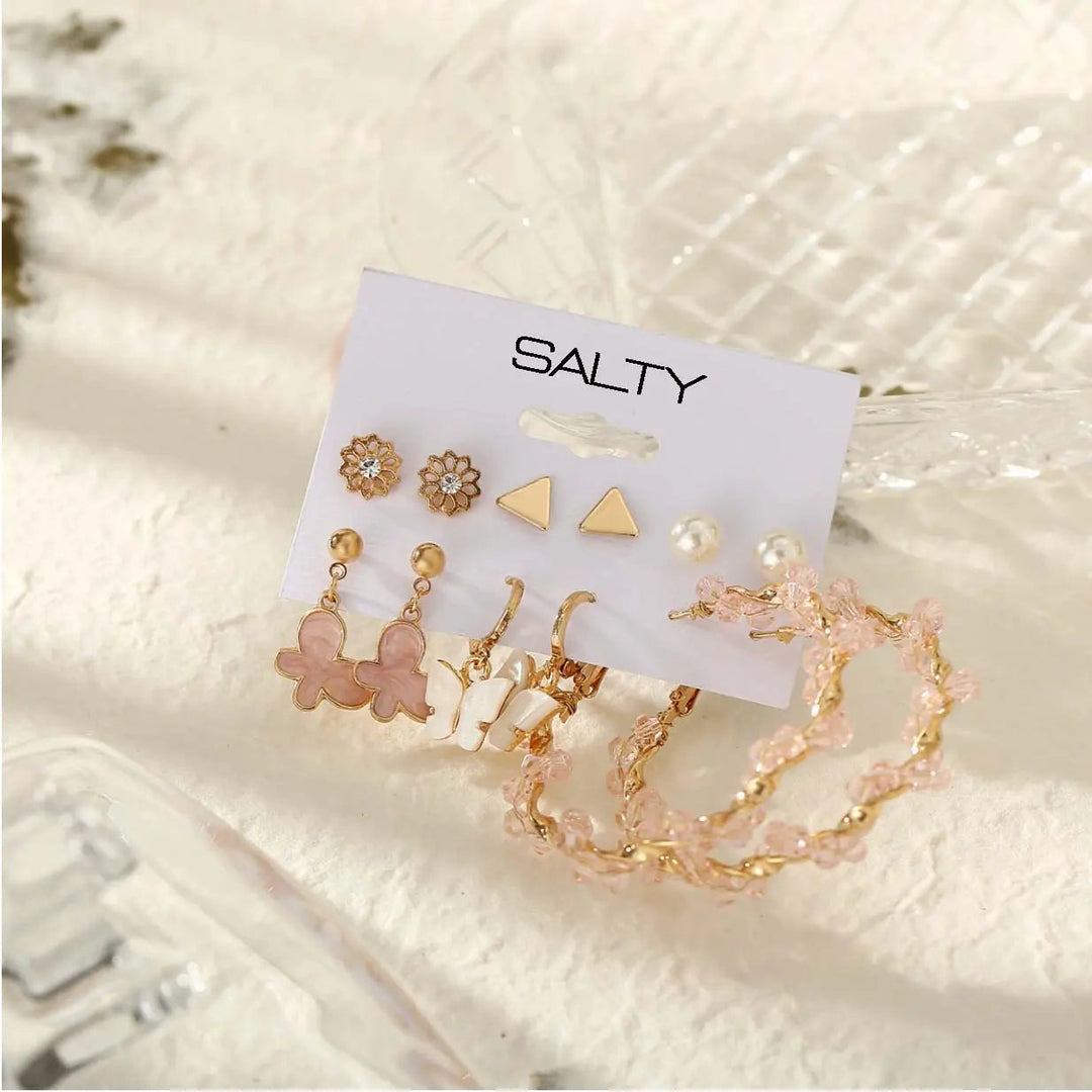 Set of 6 Pink Hoops and Butterfly Earrings and Studs - Salty Accessories